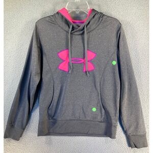 Under Armour ColdGear Hoodie Women Med Gray Pink Logo Pullover Sweatshirt FLAWS‎